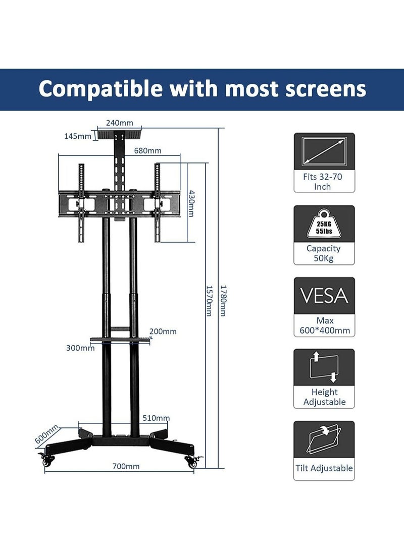 Mobile TV Stand Rolling TV Cart,Floor TV Stand Trolley for 32” to 70” LCD LED Flat Curved Screen Tilt Height Adjustable TV Stand Mounted with Wheels 2 Media Shelves Cable Management - Image 5