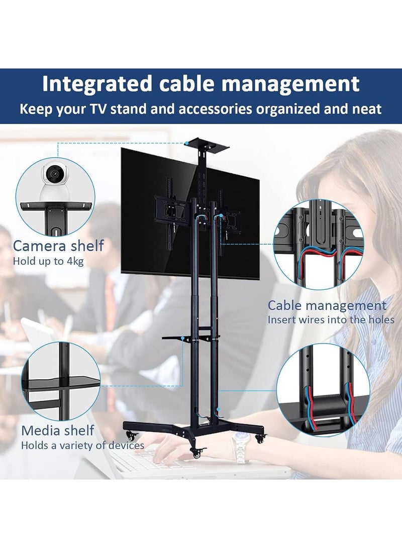 Mobile TV Stand Rolling TV Cart,Floor TV Stand Trolley for 32” to 70” LCD LED Flat Curved Screen Tilt Height Adjustable TV Stand Mounted with Wheels 2 Media Shelves Cable Management - Image 4