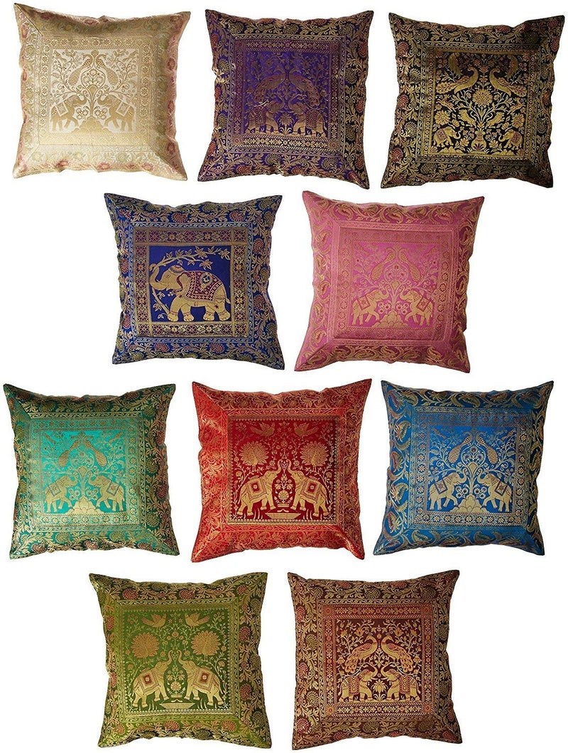 Rajasthali Indian Set Of 10 16X16 Inch 41X41 Cm Elephant Banarsi Silk Indian Ethnic Bohemian Decorative Cushion Cover Handcrafted Patchwork Sari Throw Pillow Boho Decor Cushion Covers For Gift