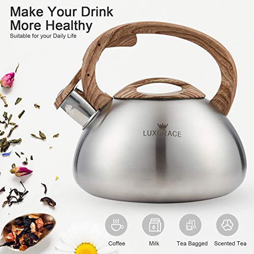 LUXGRACE s-p Stovetop Tea Kettle- Whistling Teapot Stainless Steel Tea kettle for Stove Top Loud Whistle Tea Pot With Wood Pattern Handle Tea kettles Water Kettle(Silver Body and Black Handle - Image 2