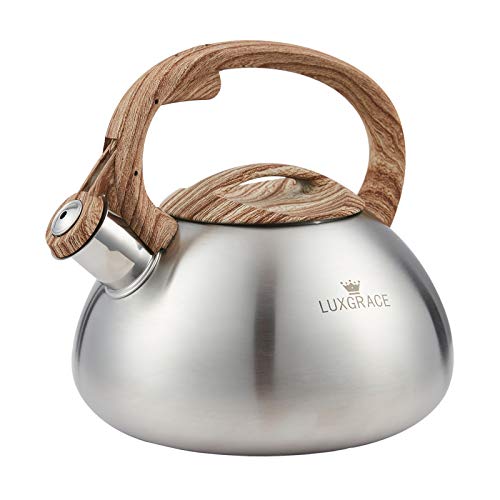 LUXGRACE s-p Stovetop Tea Kettle- Whistling Teapot Stainless Steel Tea kettle for Stove Top Loud Whistle Tea Pot With Wood Pattern Handle Tea kettles Water Kettle(Silver Body and Black Handle - Image 1