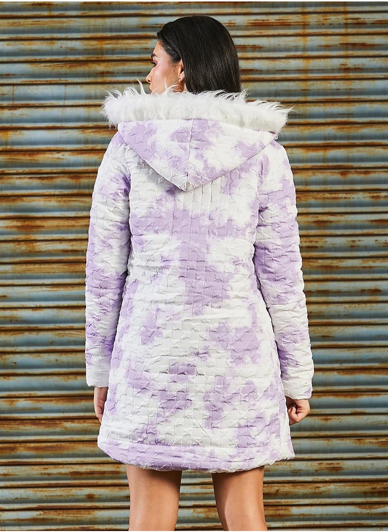 Campus Sutra Women's Powder White & Lilac Creased Tie-Dye Puffer Jacket  - Image 5