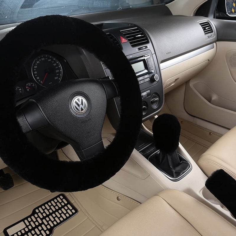 AOGELAN 3Pcs/Set Pure Wool Fur Furry Steering Wheel Cover  Soft Fluffy Handbrake Cover Gear Shift Cover For Women Car Suv Truck Australia Sheepskin Accessories - Image 1