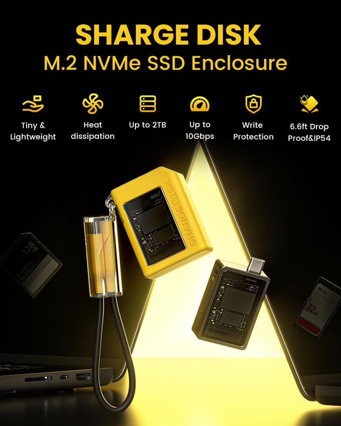 SHARGE Disk M.2 Nvme Ssd Enclosure With Active Cooling System, 10Gbps Usb C 3.2 Gen2, Enclosure Nvme Reader Supports M Keys And Size 2230 Ssds, Yellow - Image 2
