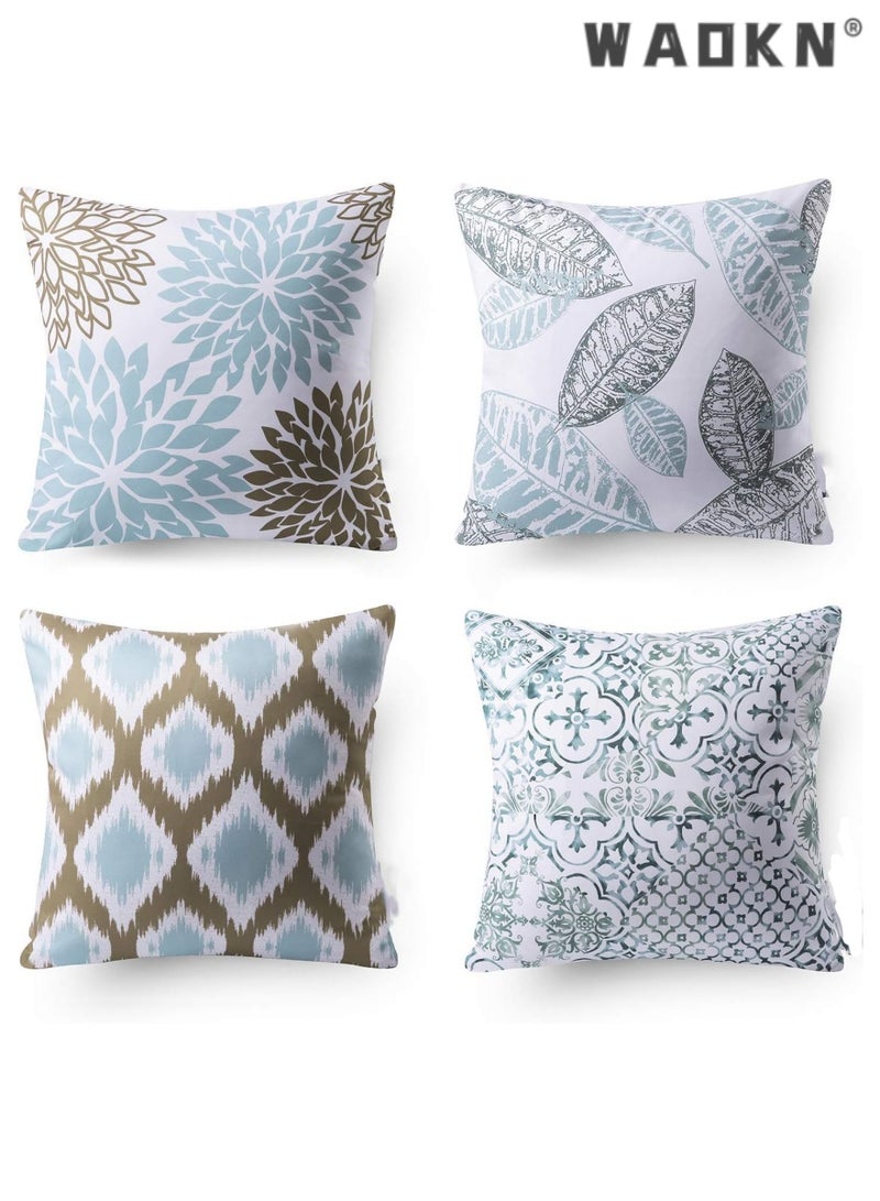 WAOKN Fresh Living Blue&Green Accent ，Simple geometric printing abstract floral linen pillow cover peach skin velvet sofa pillowcase cushion cover - Image 1