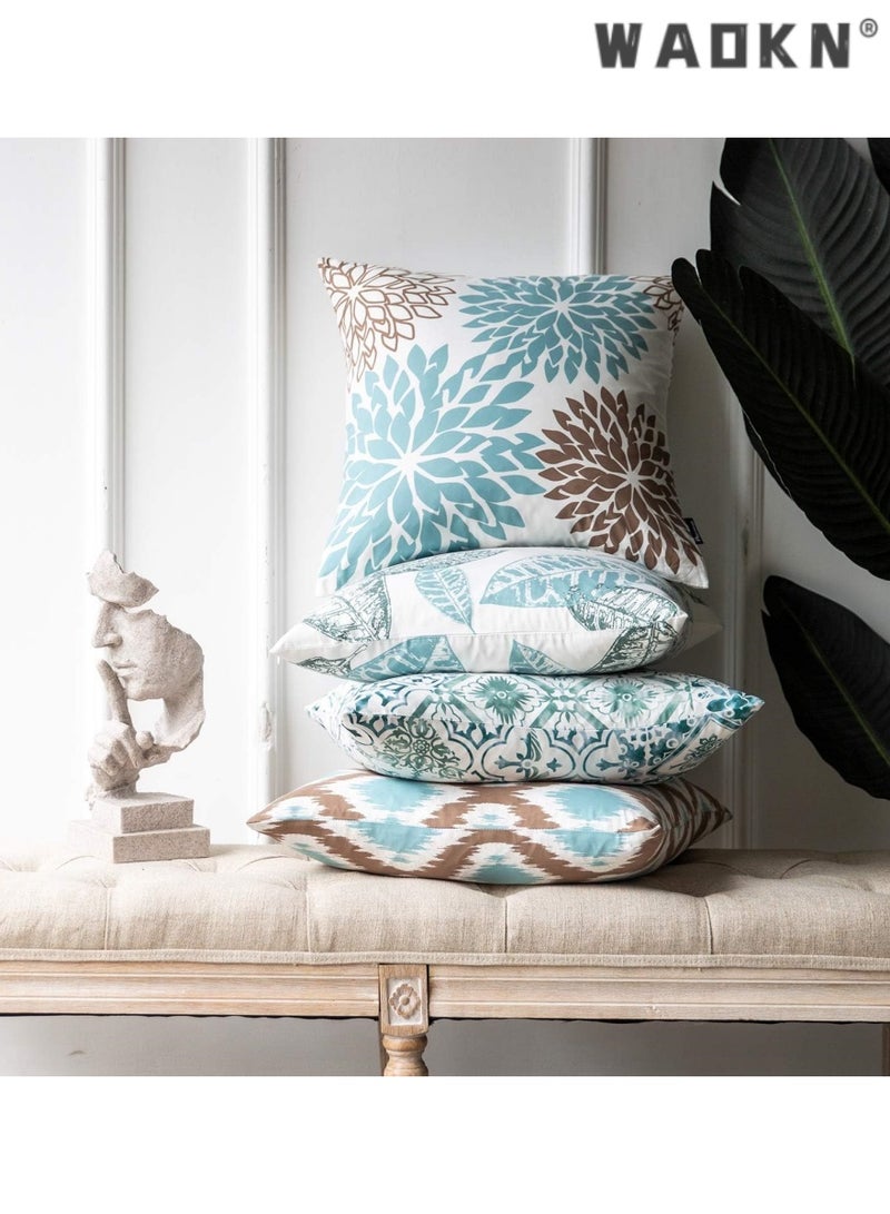 WAOKN Fresh Living Blue&Green Accent ，Simple geometric printing abstract floral linen pillow cover peach skin velvet sofa pillowcase cushion cover - Image 2