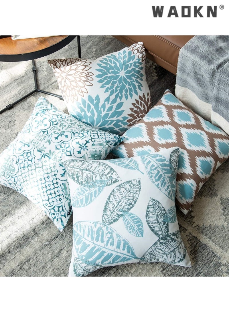 WAOKN Fresh Living Blue&Green Accent ，Simple geometric printing abstract floral linen pillow cover peach skin velvet sofa pillowcase cushion cover - Image 3