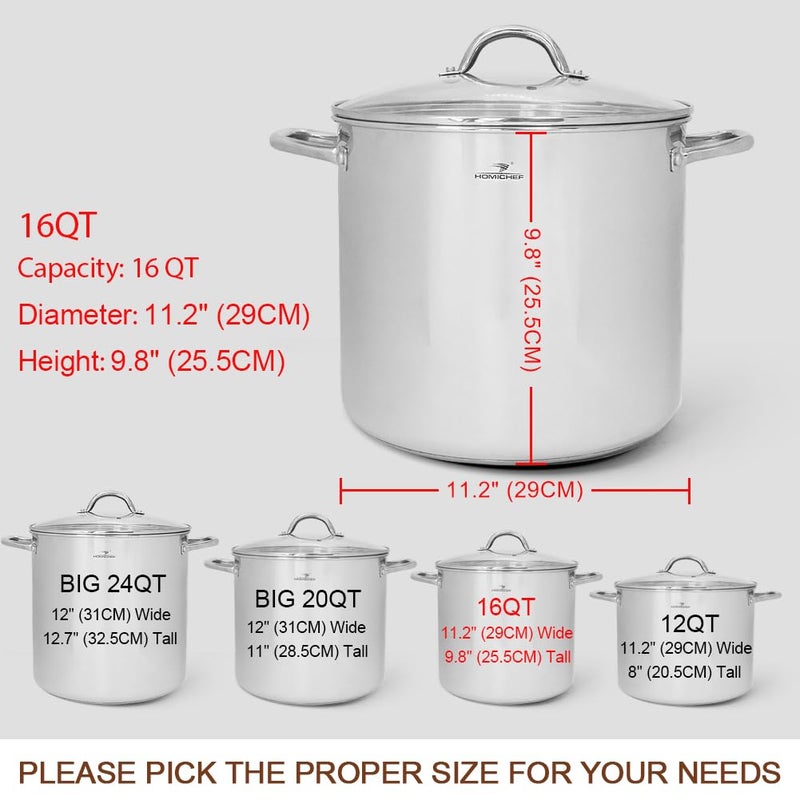 HOMICHEF 16 Quart LARGE Stock Pot with Glass Lid - NICKEL FREE Stainless Steel Healthy Cookware Stockpots with Lids 16 Quart - Mirror Polished Induction Cooking Pot - Image 4