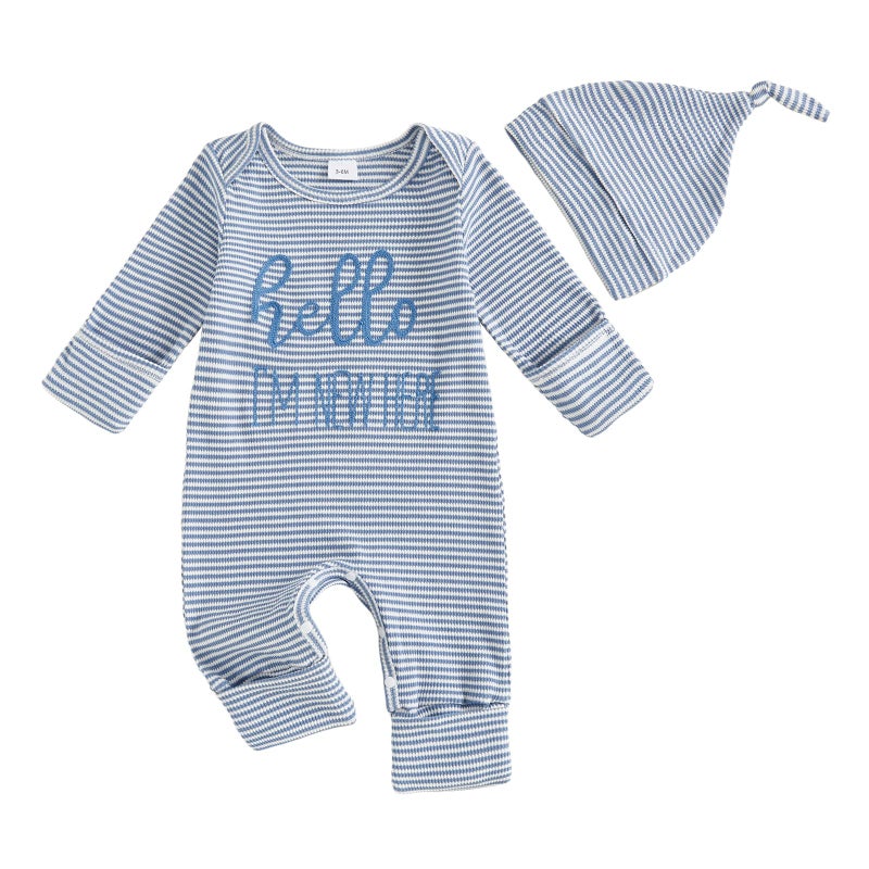 Fernvia Newborn Baby Boy Clothes Letters Print Bodysuit 3 6 9 12 18 Months Long Sleeve Jumpsuit with Hat 2PCS Outfits Set (D Blue, 0-3 Months) - Image 1