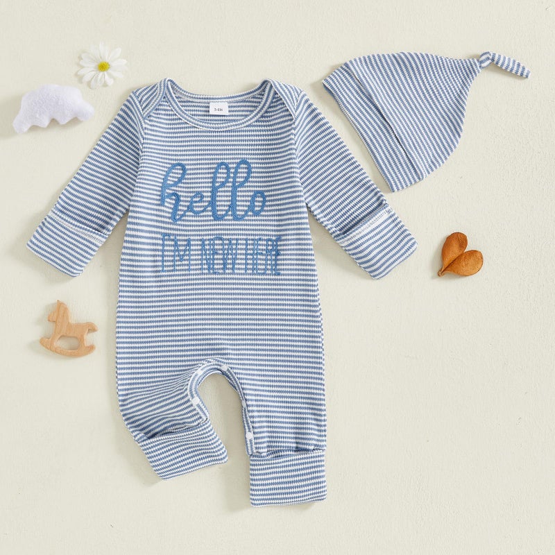 Fernvia Newborn Baby Boy Clothes Letters Print Bodysuit 3 6 9 12 18 Months Long Sleeve Jumpsuit with Hat 2PCS Outfits Set (D Blue, 0-3 Months) - Image 3