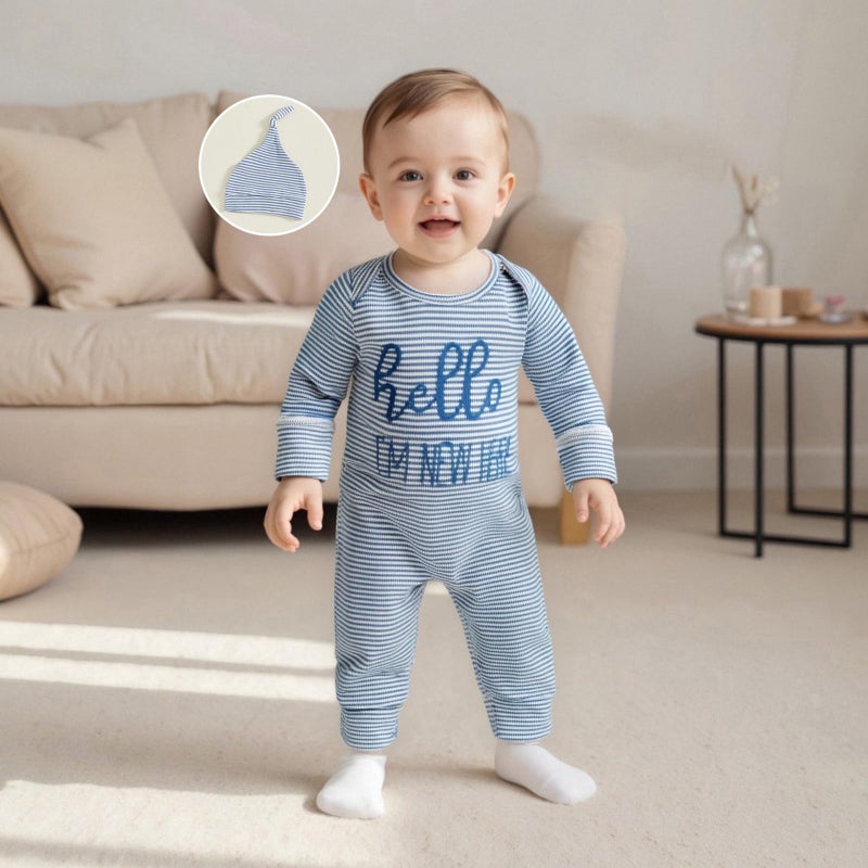 Fernvia Newborn Baby Boy Clothes Letters Print Bodysuit 3 6 9 12 18 Months Long Sleeve Jumpsuit with Hat 2PCS Outfits Set (D Blue, 0-3 Months) - Image 2