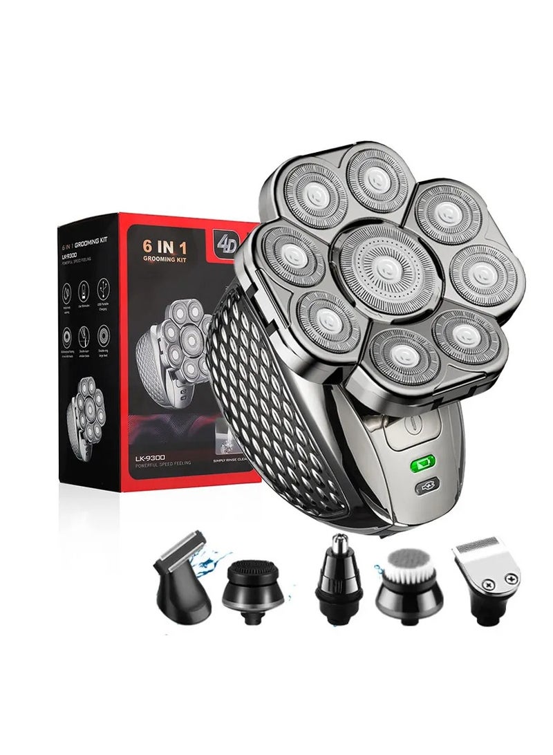 ارواق ماكينة حلاقة الرأس 4D للرجال الصلع، 9 رؤوس عائمة 6 في 1 قابلة لإعادة الشحن ومقاومة للماء ورطبة وجافة ماكينة حلاقة الرأس الصلع للرجال - Image 1