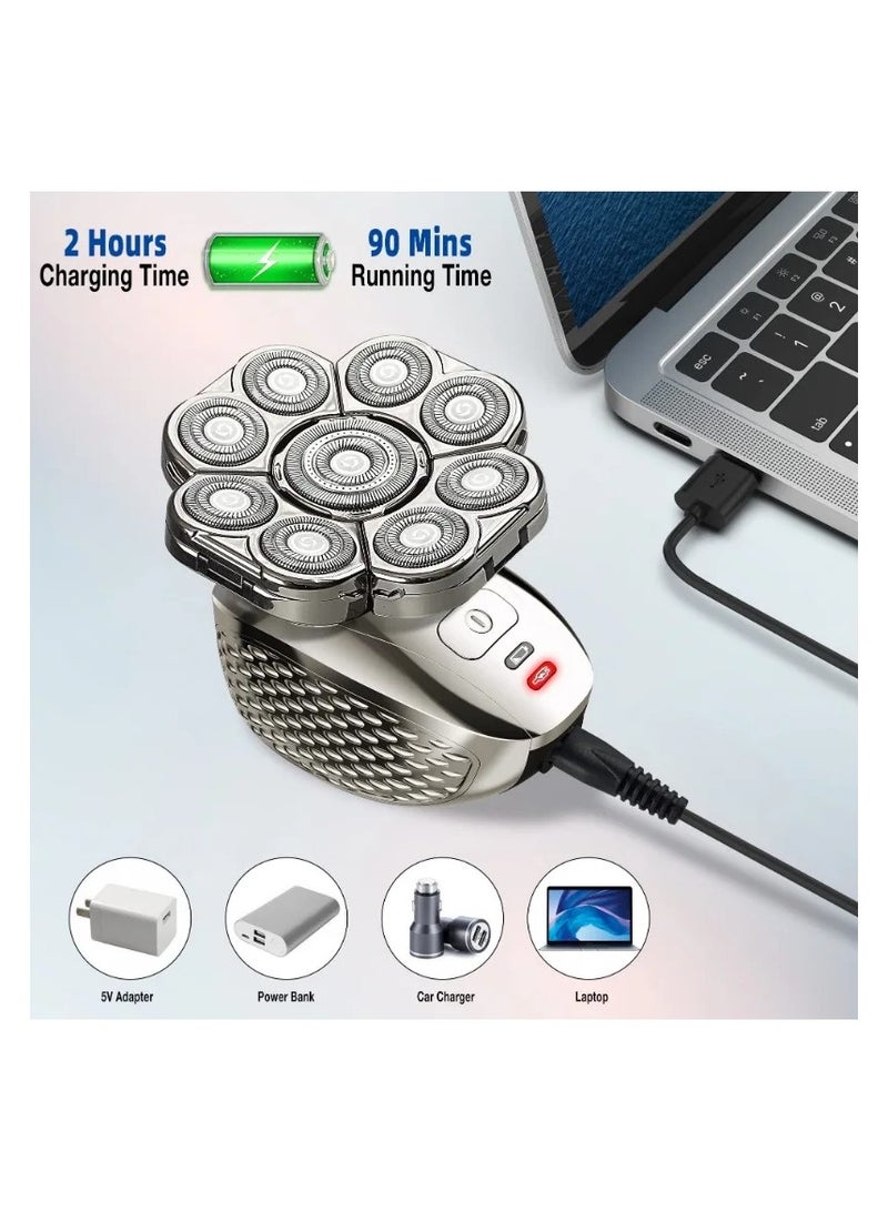 ارواق ماكينة حلاقة الرأس 4D للرجال الصلع، 9 رؤوس عائمة 6 في 1 قابلة لإعادة الشحن ومقاومة للماء ورطبة وجافة ماكينة حلاقة الرأس الصلع للرجال - Image 5