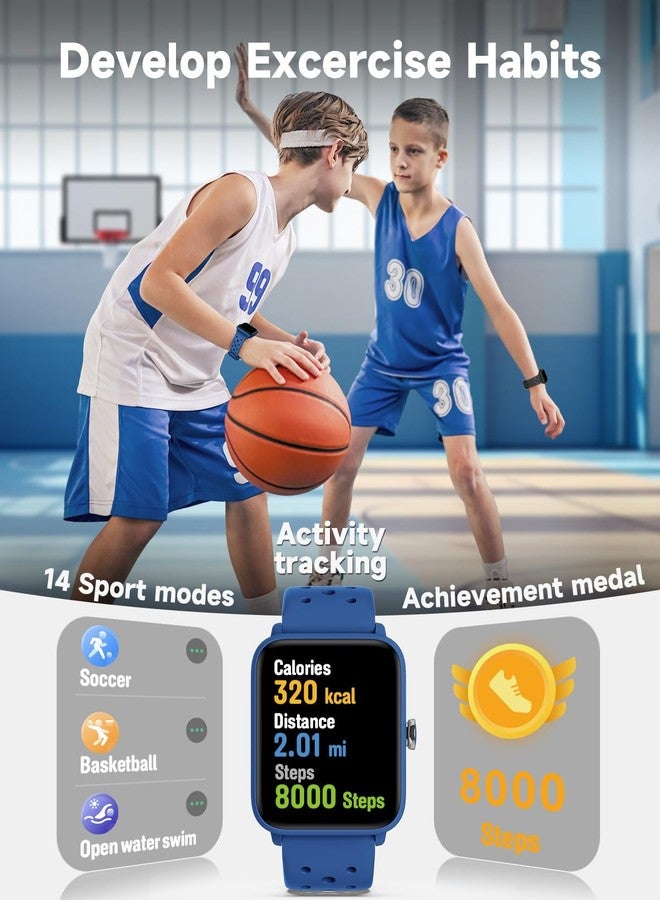 بيجرفايف ساعة BIGGERFIVE الذكية للأطفال بدون تطبيق، ساعة تتبع اللياقة البدنية، عداد خطوات، قياس معدل ضربات القلب، مقاومة للماء حتى عمق 50 مترًا، مراقبة النوم، عداد السعرات الحرارية، ألعاب، منبه للأولاد والبنات من 5 إلى 14 عامًا، لون أزرق مسامي - Image 3