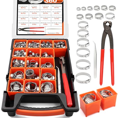 Fuzbaxy 360PCS 16 Sizes Single Ear Hose Clamp Kit with Crimping Pliers, 5.3-36.1mm 304 Stainless Steel PEX Crimp Clamps Assortment,Leak-Proof No-Drip Ear Clamps for Plumbing,Automotive Radiator Hose,Fuel Line - Image 2