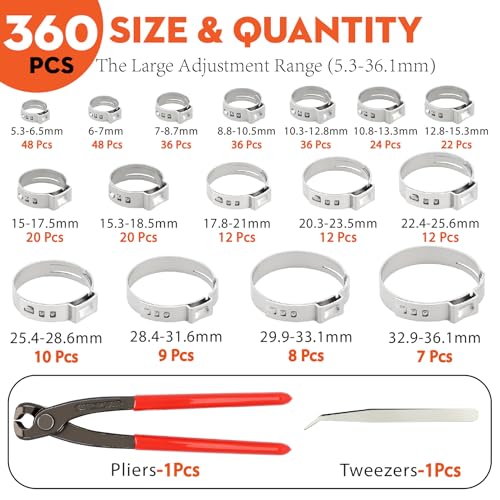 Fuzbaxy 360PCS 16 Sizes Single Ear Hose Clamp Kit with Crimping Pliers, 5.3-36.1mm 304 Stainless Steel PEX Crimp Clamps Assortment,Leak-Proof No-Drip Ear Clamps for Plumbing,Automotive Radiator Hose,Fuel Line - Image 3