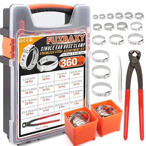Fuzbaxy 360PCS 16 Sizes Single Ear Hose Clamp Kit with Crimping Pliers, 5.3-36.1mm 304 Stainless Steel PEX Crimp Clamps Assortment,Leak-Proof No-Drip Ear Clamps for Plumbing,Automotive Radiator Hose,Fuel Line - Image 1