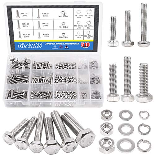 Glarks 510 Pieces Flat Hex Stainless Steel Screws Bolts Nuts Lock and Flat Gasket Washers Assortment Kit - Image 1