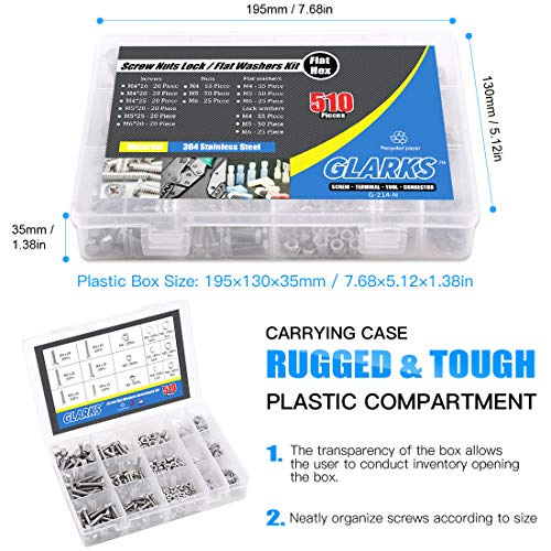 Glarks 510 Pieces Flat Hex Stainless Steel Screws Bolts Nuts Lock and Flat Gasket Washers Assortment Kit - Image 5