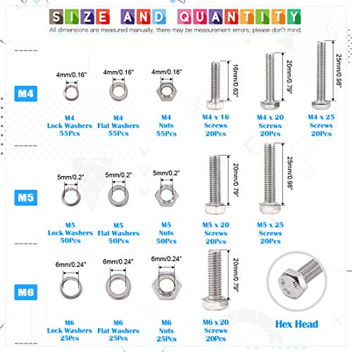 Glarks 510 Pieces Flat Hex Stainless Steel Screws Bolts Nuts Lock and Flat Gasket Washers Assortment Kit - Image 2