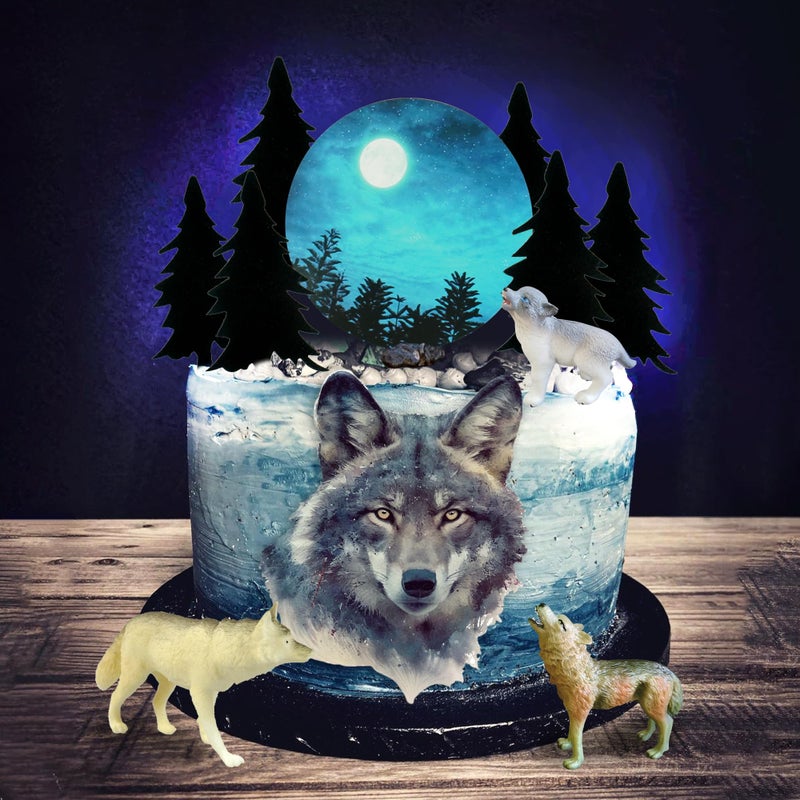 SKYCOOOOL 13 PCS Wolf Cake Topper Full Moon Cake Decor with Animal Figurine Wolf Themed Wedding Birthday Cake Decorations (Gray) - Image 3