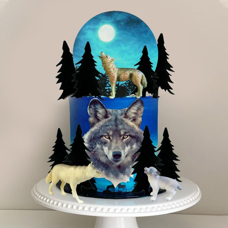 SKYCOOOOL 13 PCS Wolf Cake Topper Full Moon Cake Decor with Animal Figurine Wolf Themed Wedding Birthday Cake Decorations (Gray) - Image 5