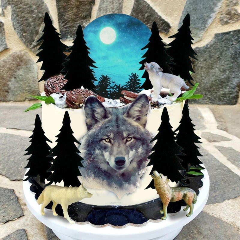 SKYCOOOOL 13 PCS Wolf Cake Topper Full Moon Cake Decor with Animal Figurine Wolf Themed Wedding Birthday Cake Decorations (Gray) - Image 4