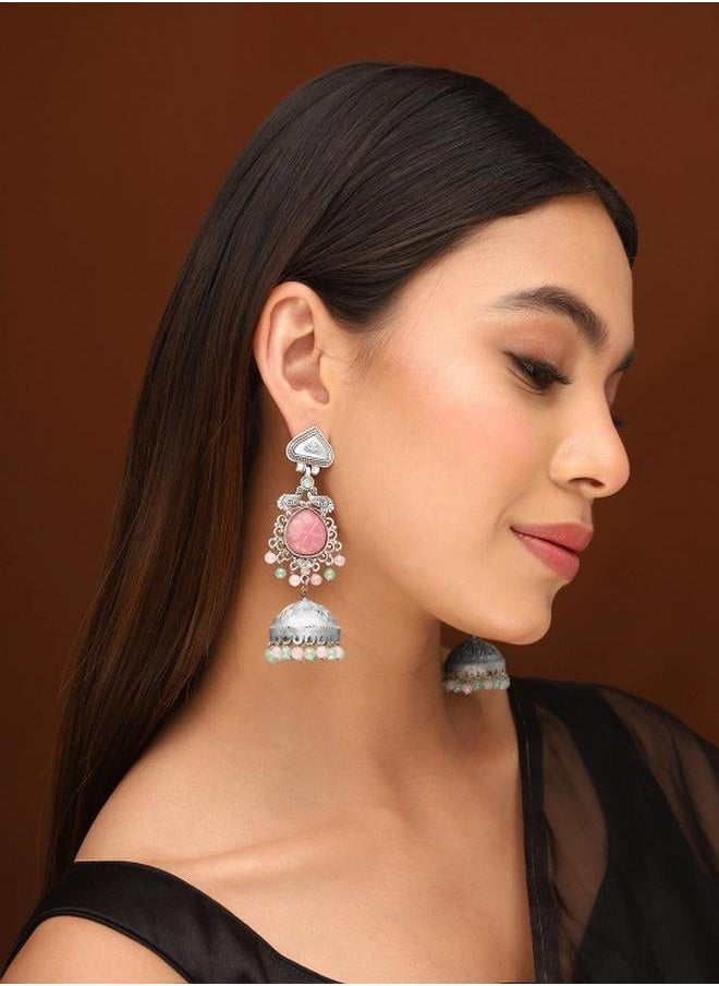 Priyaasi Elegant Women Mint Pink Brass Earrings with pattern and secured with Post and Back closure and styled in ideal for Ethnic moments — crafted to elevate your special moments.  - Image 1