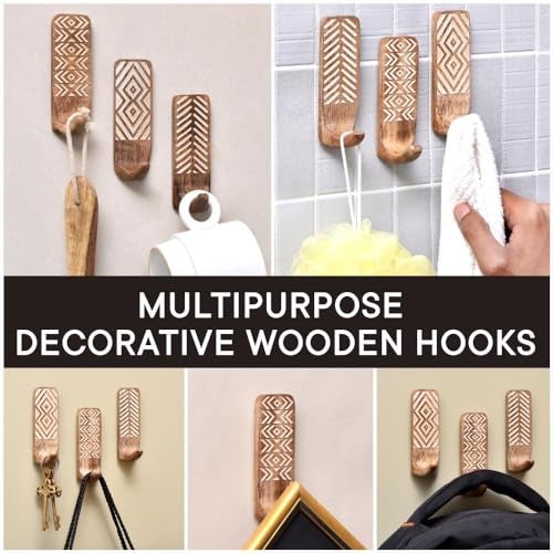 Indian-Shelf IndianShelf Boho Decorative Wood Adhesive Wall Hooks for Hanging Coats, Keys, Leash, Hat, Towel Holder, Cute Sticky Key Holder, White & Brown Western Wall Décor (6 Hooks 12 Strips) - Image 5