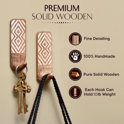 Indian-Shelf IndianShelf Boho Decorative Wood Adhesive Wall Hooks for Hanging Coats, Keys, Leash, Hat, Towel Holder, Cute Sticky Key Holder, White & Brown Western Wall Décor (6 Hooks 12 Strips) - Image 4