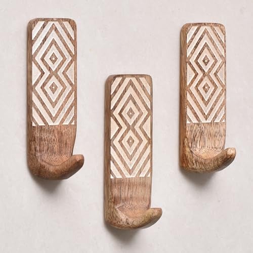 Indian-Shelf IndianShelf Boho Decorative Wood Adhesive Wall Hooks for Hanging Coats, Keys, Leash, Hat, Towel Holder, Cute Sticky Key Holder, White & Brown Western Wall Décor (6 Hooks 12 Strips) - Image 1