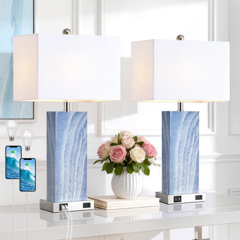 PARTPHONER Touch Control Table Lamps with White Fabric Shade Set of 2, 3-Way Dimmable Modern Ceramic Blue Nightstand Bedside Lamp with 2 USB Ports 1 AC Outlet for Living Room, Bedroom (LED Bulbs Included) - Image 1