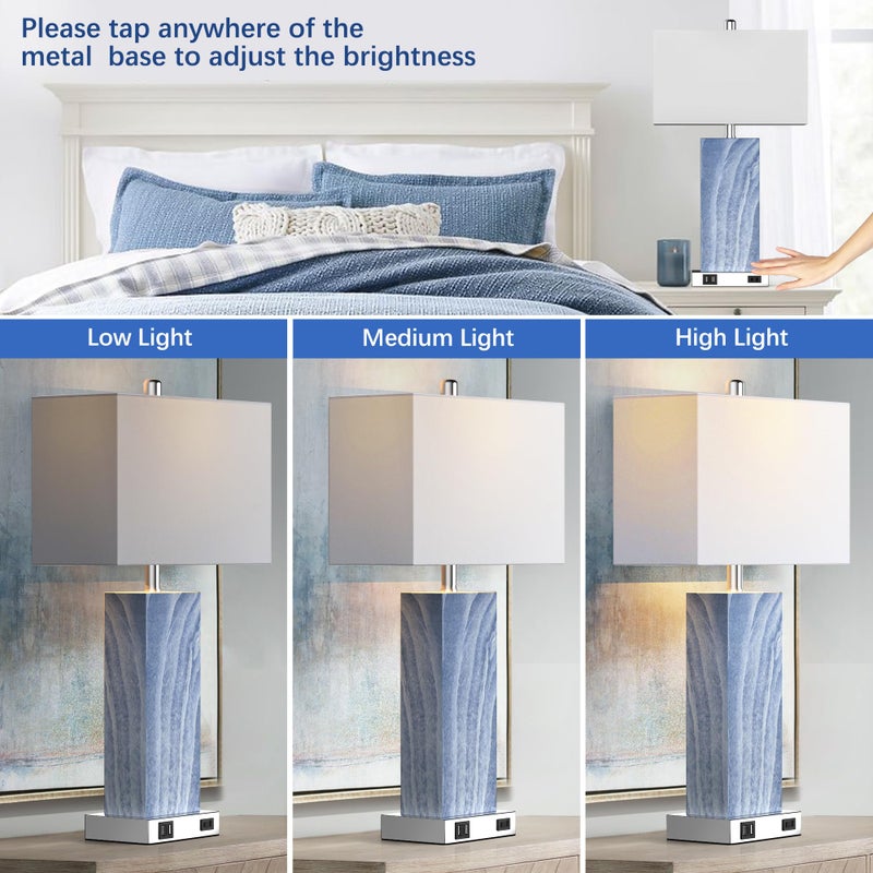 PARTPHONER Touch Control Table Lamps with White Fabric Shade Set of 2, 3-Way Dimmable Modern Ceramic Blue Nightstand Bedside Lamp with 2 USB Ports 1 AC Outlet for Living Room, Bedroom (LED Bulbs Included) - Image 2
