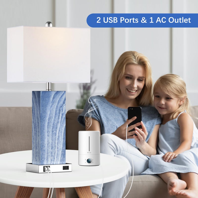 PARTPHONER Touch Control Table Lamps with White Fabric Shade Set of 2, 3-Way Dimmable Modern Ceramic Blue Nightstand Bedside Lamp with 2 USB Ports 1 AC Outlet for Living Room, Bedroom (LED Bulbs Included) - Image 3