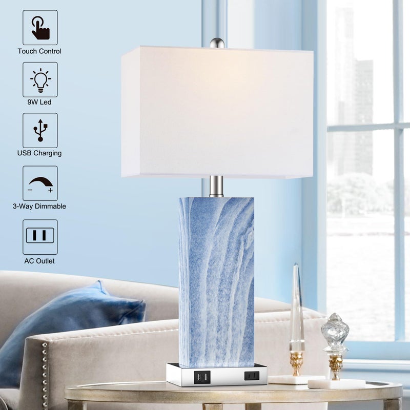 PARTPHONER Touch Control Table Lamps with White Fabric Shade Set of 2, 3-Way Dimmable Modern Ceramic Blue Nightstand Bedside Lamp with 2 USB Ports 1 AC Outlet for Living Room, Bedroom (LED Bulbs Included) - Image 4