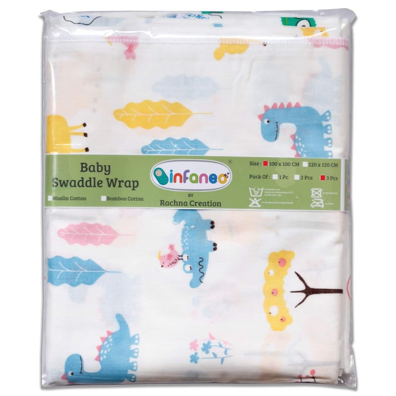 Rachna All Season Organic Muslin Cotton Swaddle Wrap for New Born Super Soft Breathable Printed Baby Wrapping Cloth 18401 White 100 x 100 Centimetres Pack of 3 Prints May Vary