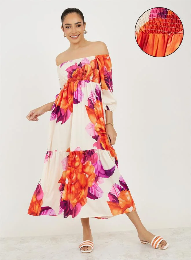 Take Two Off Shoulder Neck Floral Print A-Line Midi Dress