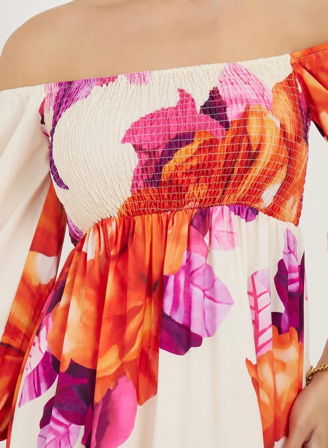 Take Two Off Shoulder Neck Floral Print A-Line Midi Dress