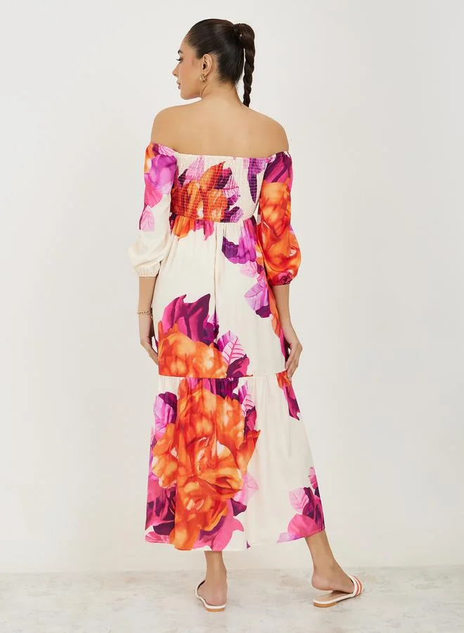Take Two Off Shoulder Neck Floral Print A-Line Midi Dress