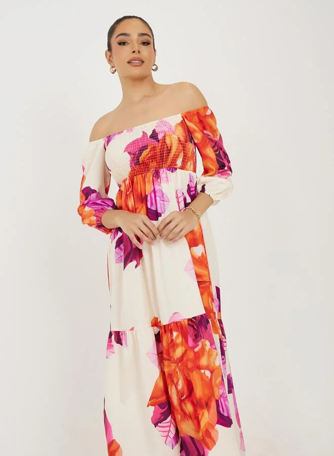 Take Two Off Shoulder Neck Floral Print A-Line Midi Dress