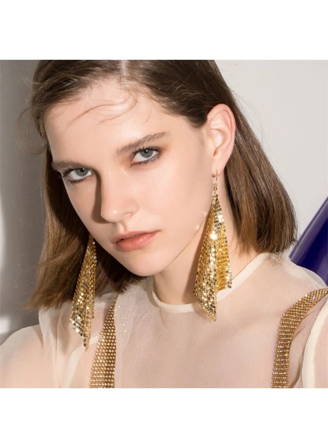 Ucanbe Fashion Metal Glitter Fringe Square Geometric Long Earrings - Image 2