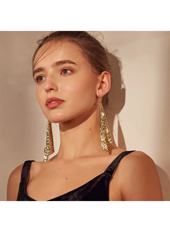 Ucanbe Fashion Metal Glitter Fringe Square Geometric Long Earrings - Image 1