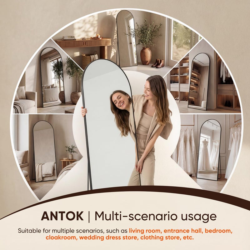 Antok 58" x19â€ Arched Full Length Floor Mirror, Black Aluminum Frame, Free Standing/Wall Mount/Leaning for Bedroom, Living Room, Dressing Room - Image 1