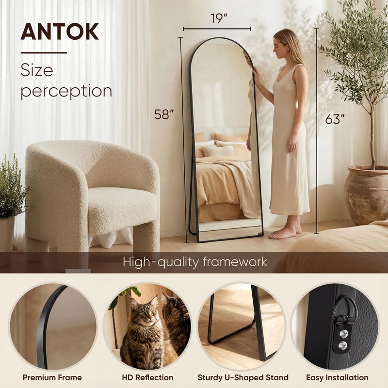 Antok 58" x19â€ Arched Full Length Floor Mirror, Black Aluminum Frame, Free Standing/Wall Mount/Leaning for Bedroom, Living Room, Dressing Room - Image 2