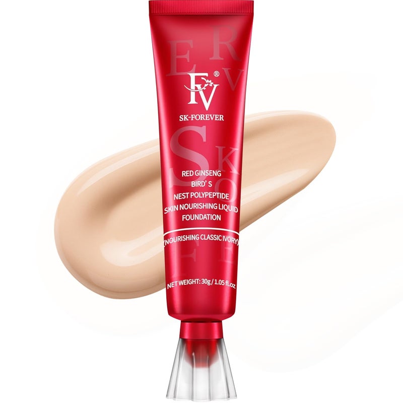 FV Waterproof Liquid Foundation, Dewy Finish Long Lasting Lightweight Medium Coverage Face Makeup for Normal & Dry Skin, Cruelty Free, Ivory, 30ml - Image 1
