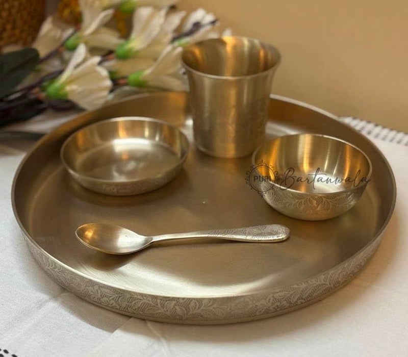 PURI Bartanwala - Fleur Indienne/Indian Flower Brozne/Kansa Thali Set - Brushed/Matt Finish Set of 5 Items - Image 2
