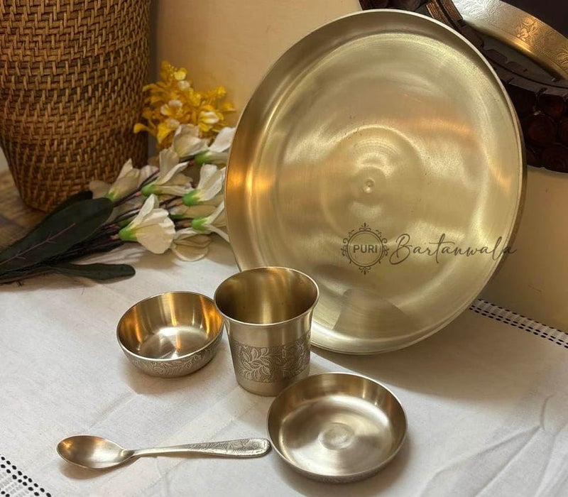 PURI Bartanwala - Fleur Indienne/Indian Flower Brozne/Kansa Thali Set - Brushed/Matt Finish Set of 5 Items - Image 1