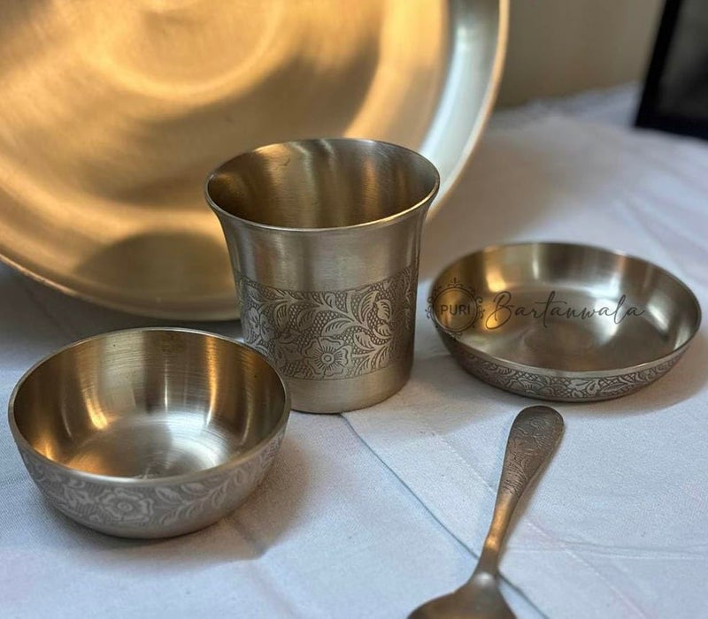 PURI Bartanwala - Fleur Indienne/Indian Flower Brozne/Kansa Thali Set - Brushed/Matt Finish Set of 5 Items - Image 3