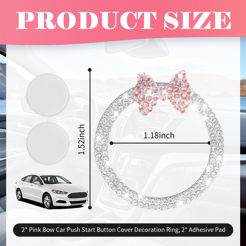 VKQTS 2PCS Pink Bow Car Engine Start Button Cover,Bling Cute Car Push to Start Button Cover Decoration Ring with Rhinestone,Cars Starts Buttons Covers Pink Bow Cars Accessories (Style 1) - Image 2