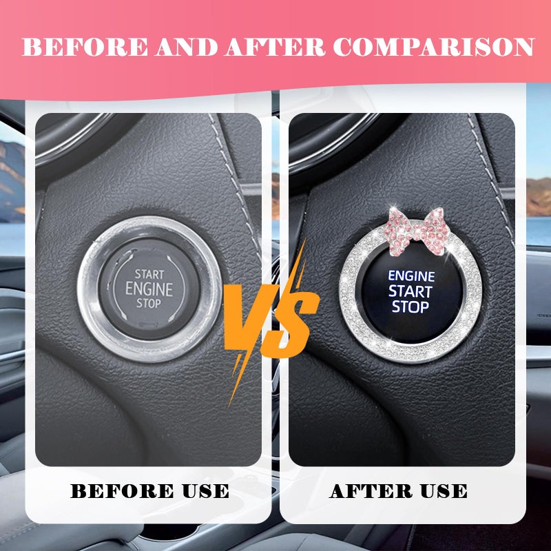 VKQTS 2PCS Pink Bow Car Engine Start Button Cover,Bling Cute Car Push to Start Button Cover Decoration Ring with Rhinestone,Cars Starts Buttons Covers Pink Bow Cars Accessories (Style 1) - Image 4